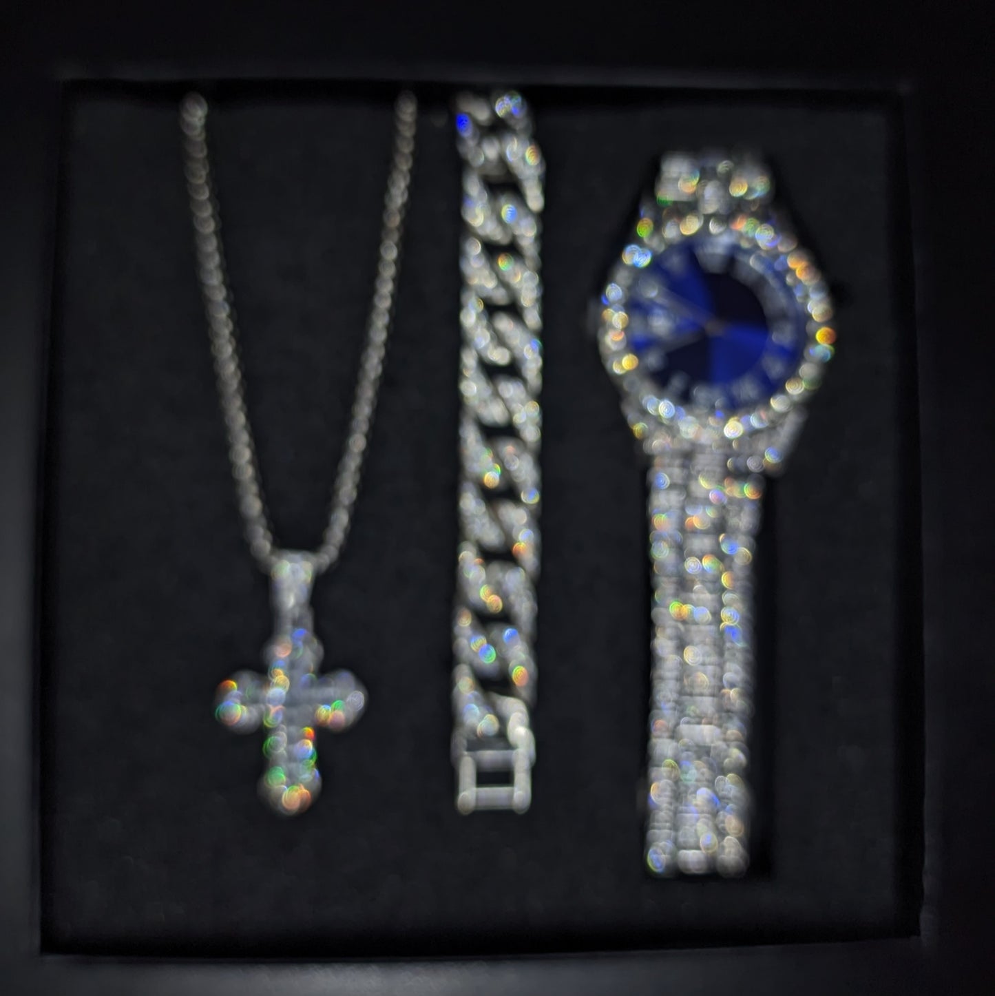 SET DE RELOJ + PULSERA + COLLAR (COLOR AZUL Y PLATA)