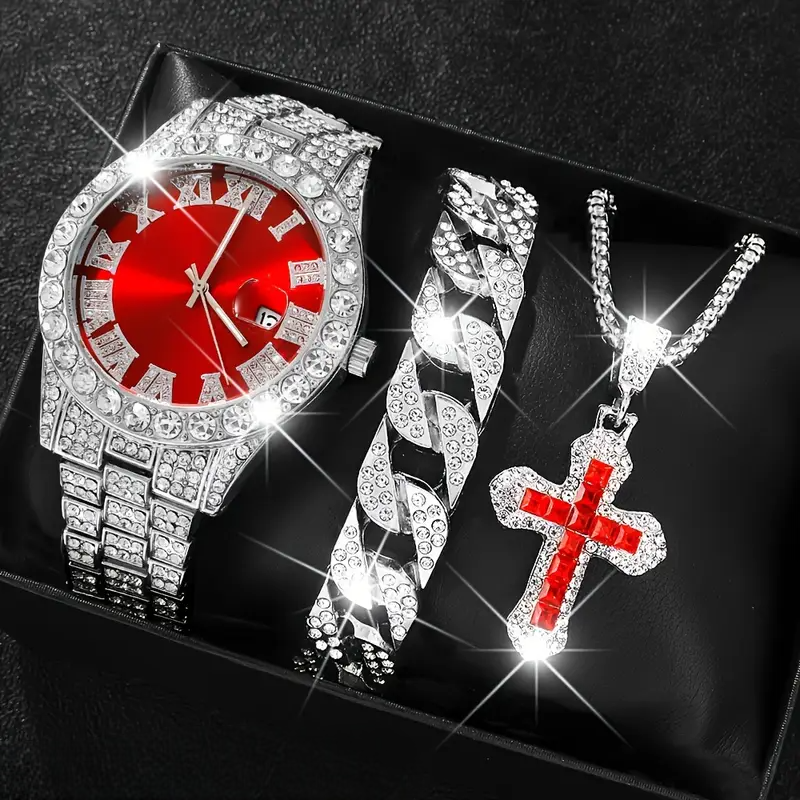 SET DE RELOJ + PULSERA + COLLAR (COLOR ROJO Y PLATA)