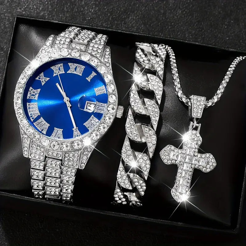 SET DE RELOJ + PULSERA + COLLAR (COLOR AZUL Y PLATA)