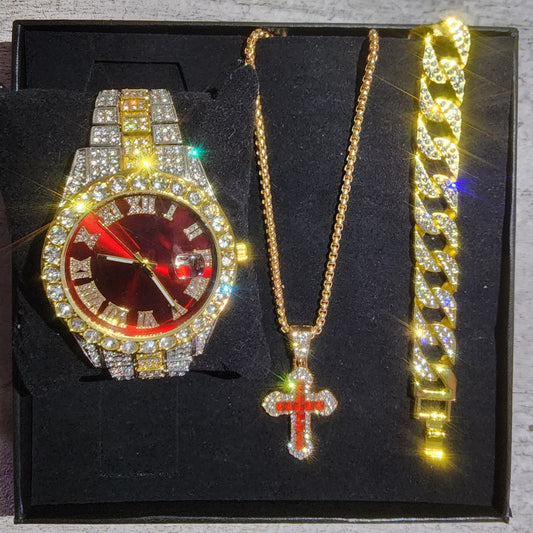 SET DE RELOJ + PULSERA + COLLAR  EN COLOR ROJO Y DORADO