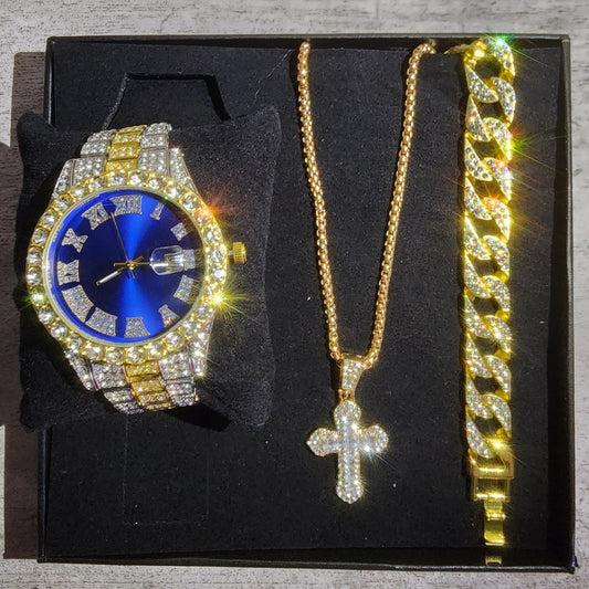 SET DE RELOJ + PULSERA + COLLAR  AZUL Y DORADO