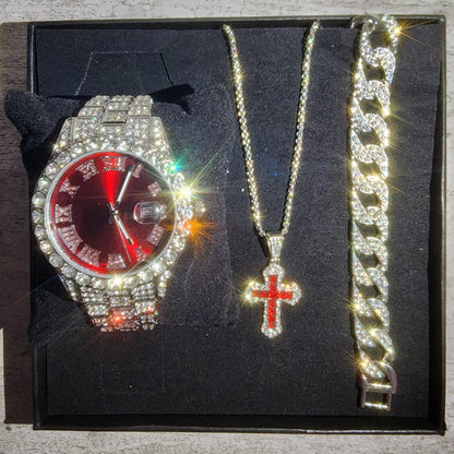 SET DE RELOJ + PULSERA + COLLAR  (COLOR ROJO Y PLATA)