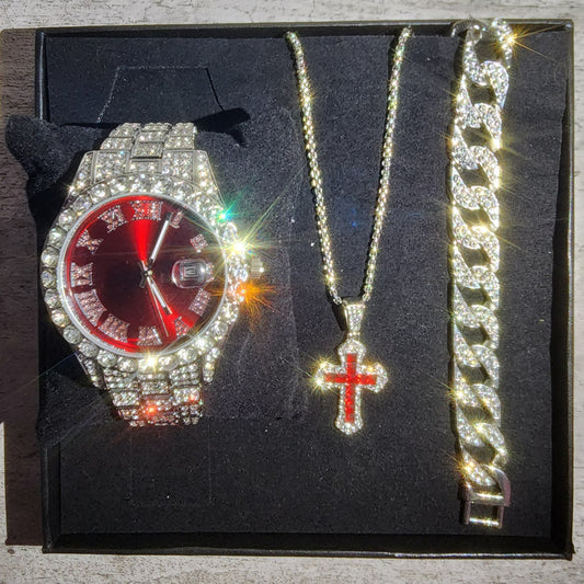 SET DE RELOJ + PULSERA + COLLAR  (COLOR ROJO Y PLATA)