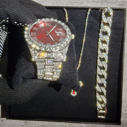 SET DE RELOJ + PULSERA + COLLAR  (COLOR ROJO Y PLATA)