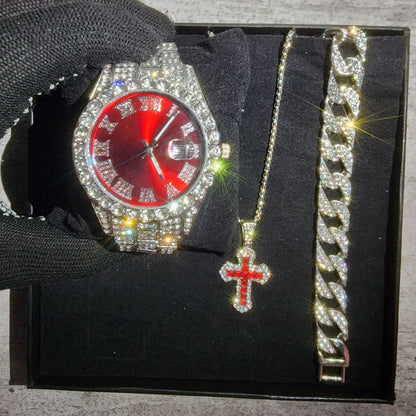 SET DE RELOJ + PULSERA + COLLAR  (COLOR ROJO Y PLATA)