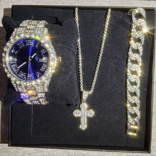 SET DE RELOJ + PULSERA + COLLAR (COLOR AZUL Y PLATA)